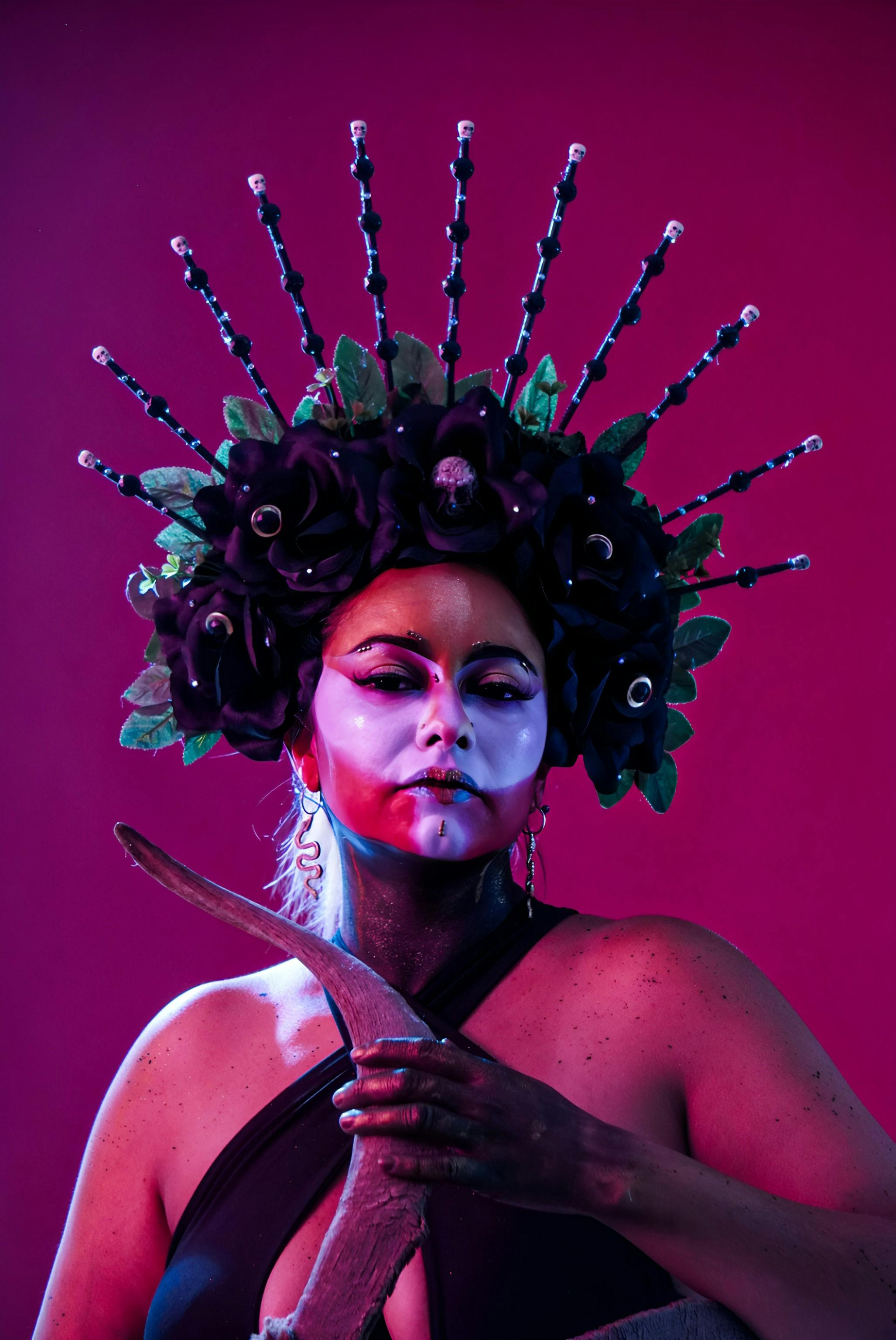 [ColoSach]-colorful-portrait-featuring-a-woman-with-intricate-makeup-and-a-striking-floral-headpiece-against-a-vivid-background.