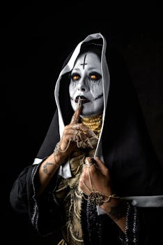 Dramatic portrait featuring horror-themed makeup, dark clothing, and striking eye details.