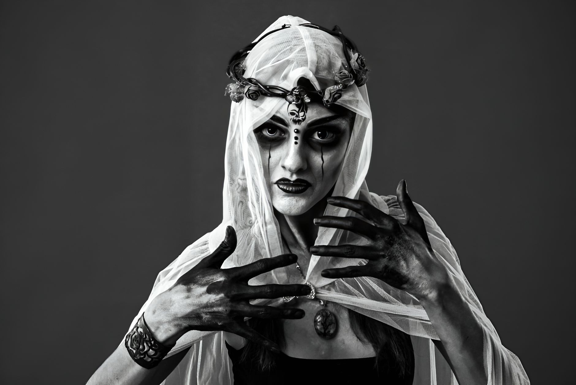Dramatic black and white photo of a gothic woman with veil and dark makeup.