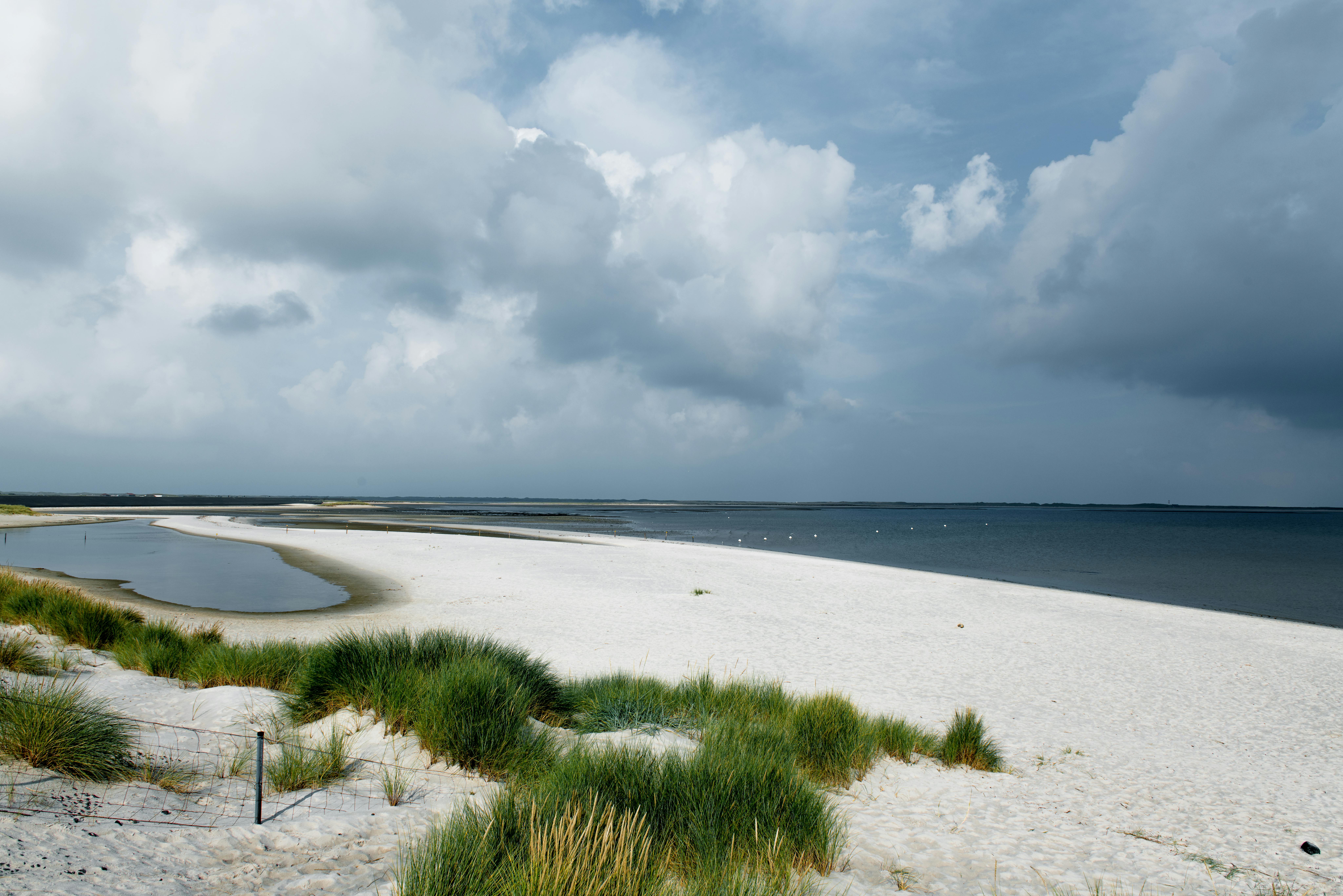 Peaceful beach scene on Sylt, featuring white sand, dune grass, and the North Sea under dramatic clouds.