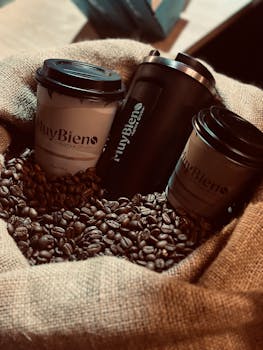 Three coffee cups surrounded by coffee beans on burlap, creating a cozy and rustic atmosphere.