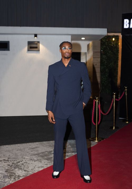 Free Person in blue suit standing on a red carpet at an evening event. Stock Photo