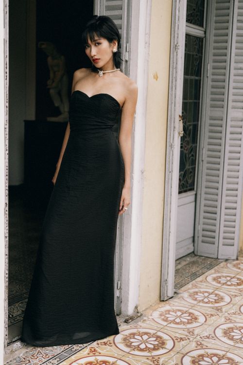 yellow satin maxi dress Madeleine Simon Studio Brigitte Maxi Dress