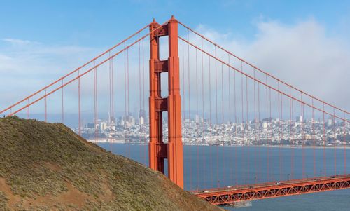 Free Spectacular view of the iconic Golden Gate Bridge with San Francisco skyline. Stock Photo