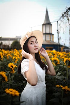 一位身穿白色连衣裙、头戴帽子的女子在向日葵田里摆姿势，尽显夏日优雅