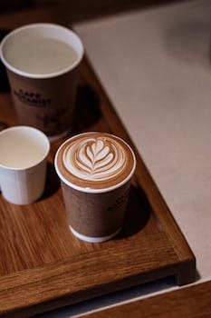 Elegant coffee cup with latte art on a wooden tray in Baku cafe.