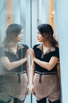 一名妇女若有所思地凝视着室内玻璃墙上的倒影