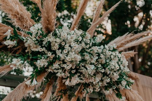 Free Beautiful floral display featuring white flowers and pampas grass in a natural outdoor setting. Stock Photo