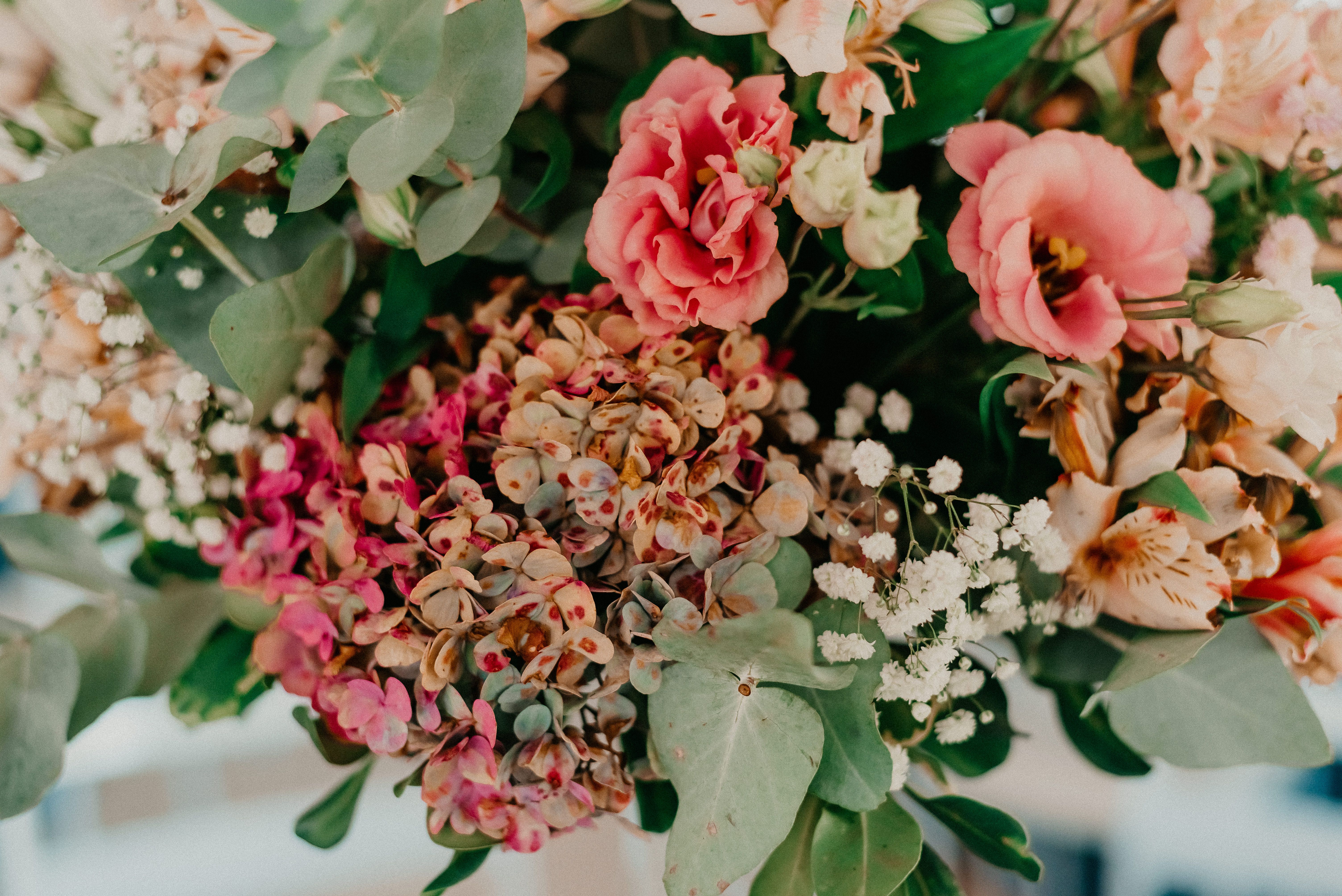 Close-up of mixed hydrangea and blush floral arrangement with eucalyptus and baby’s breath