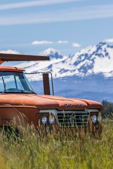 A classic Dodge truck in a grassy field with snow-capped mountains looming in the background.