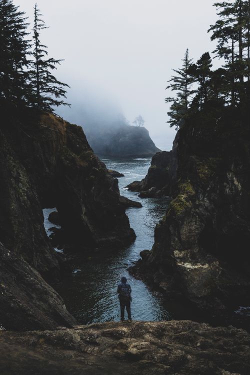 Free A lone hiker stands at a misty coastal cliffside, surrounded by rugged terrain. Stock Photo