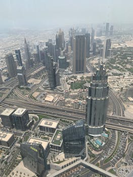 A breathtaking aerial view showcasing Dubai's modern skyline and iconic skyscrapers.