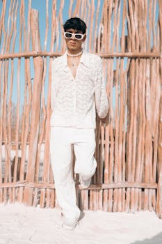 Stylish man in white apparel standing by a rustic beach fence under a clear sky.