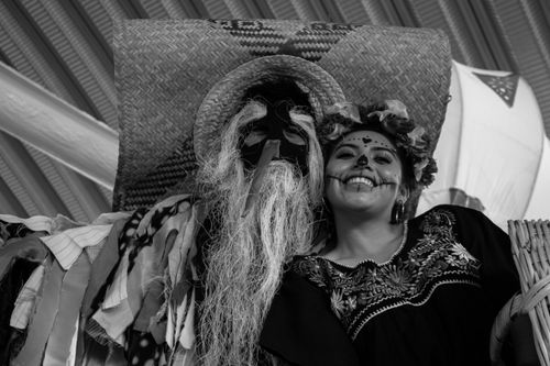 Free Black and white photo of Day of the Dead celebration with traditional makeup and costume in Tecamachalco, Mexico. Stock Photo