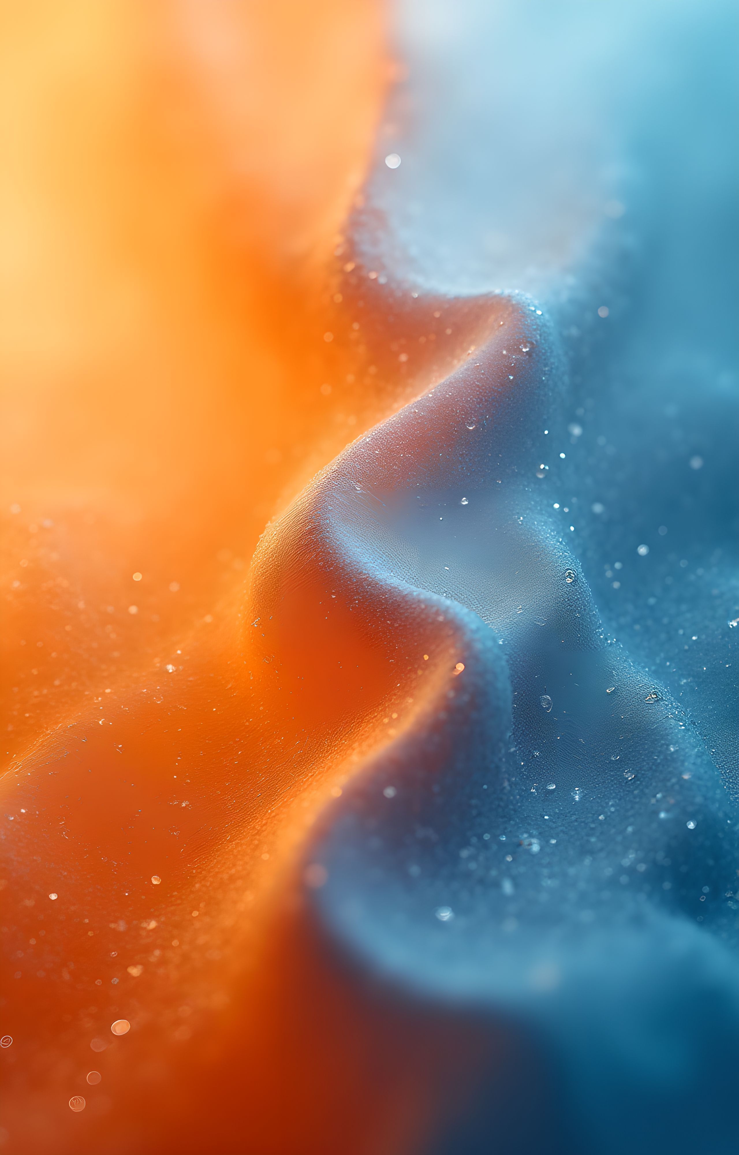 Vibrant abstract fluid art featuring orange and blue hues with water droplets.