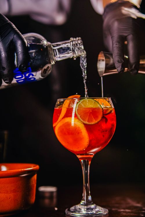 Free Bartender prepares a cocktail with citrus slices and vodka, creating a vibrant mix of flavors. Stock Photo