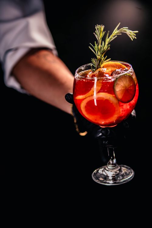 Free A bartender presents a sophisticated cocktail garnished with orange slices and rosemary, perfect for a classy evening. Stock Photo