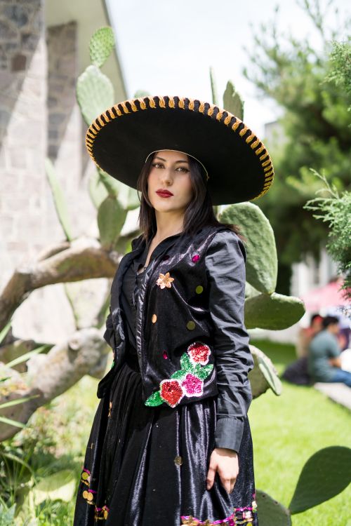 Free Woman wearing traditional Mexican attire and sombrero posing by cactus. Stock Photo