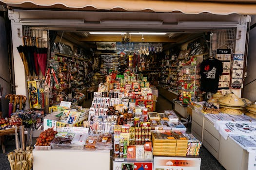 Vibrant market stall with diverse products in Nagano, Japan, showcasing traditional Japanese items.