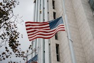 美国国旗在加利福尼亚州阿纳海姆市政府大楼前低角度飘扬