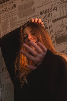 这幅引人入胜的肖像描绘了一名女子在贴满报纸的墙前摆姿势，灯光温暖