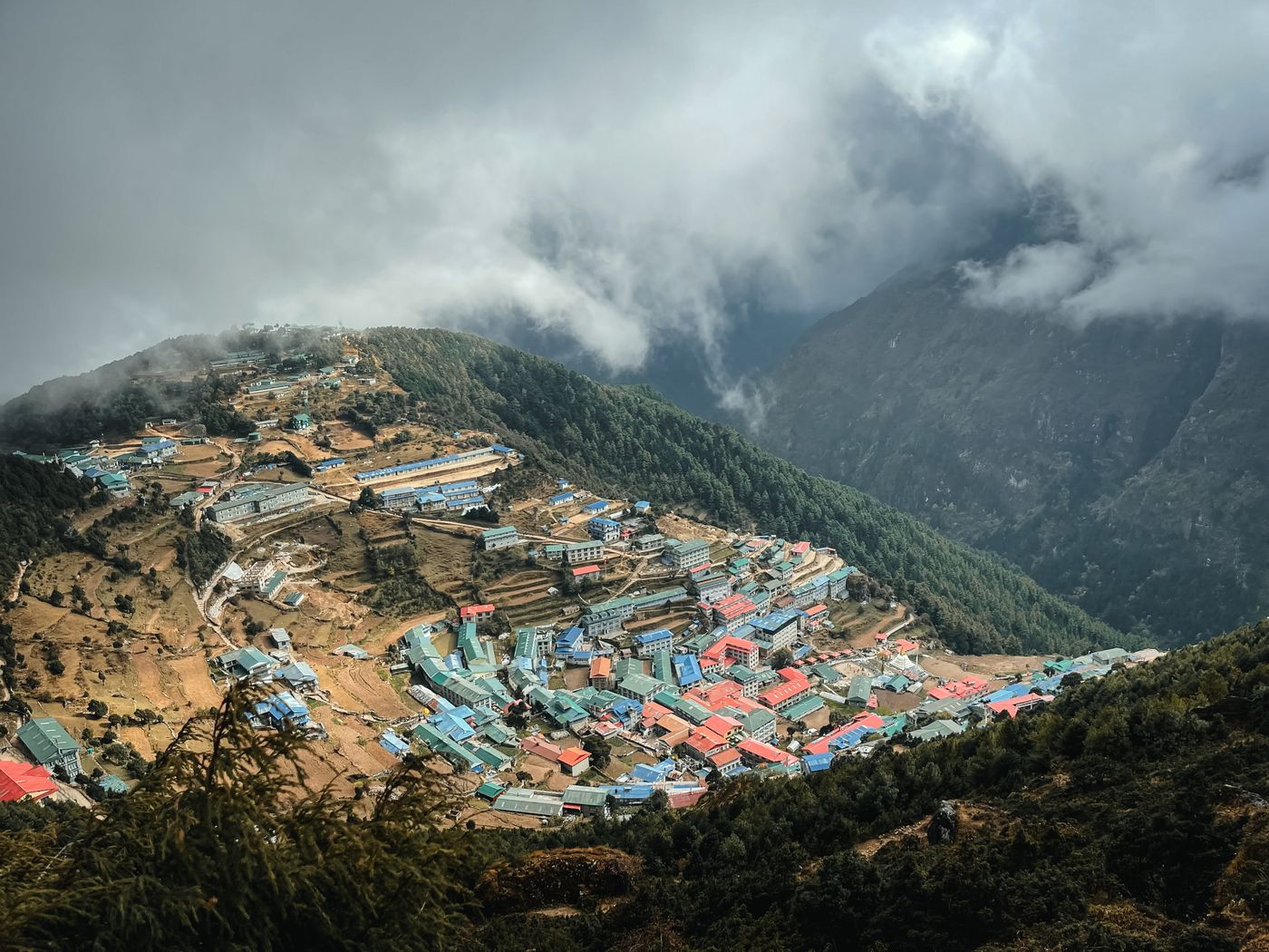 An aerial view of Namche Bazaar in the Himalayan mountains of Nepal
