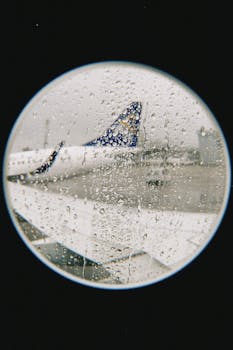 Raindrops and blurred view through airplane window in Almaty, Kazakhstan during daytime.