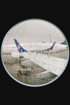 View through raindrop-covered window at Almaty airport, Kazakhstan.