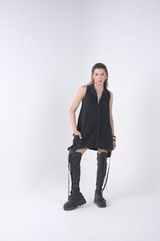 Full body portrait of a woman in stylish urban fashion wearing black dress and boots, studio setting.