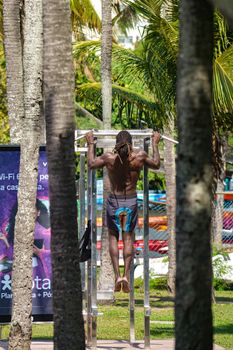 Man doing pull-ups on outdoor gym equipment amidst palm trees, staying fit.