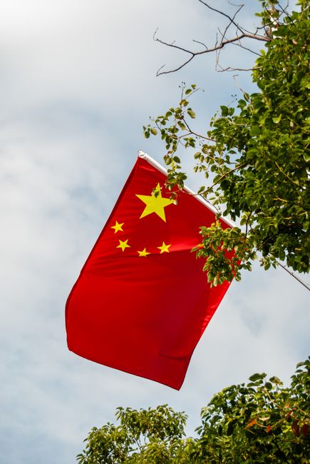 Fotomural La bandera nacional de China ondeando entre árboles verdes en un día claro en Shenzhen, China.