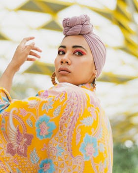 一位女子戴着时尚头巾、穿着色彩缤纷的服装，在户外摆姿势的肖像