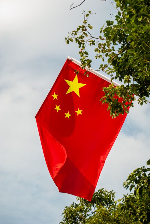 Free Chinese flag waving among green leaves under a clear autumn sky in Shenzhen, China. Stock Photo