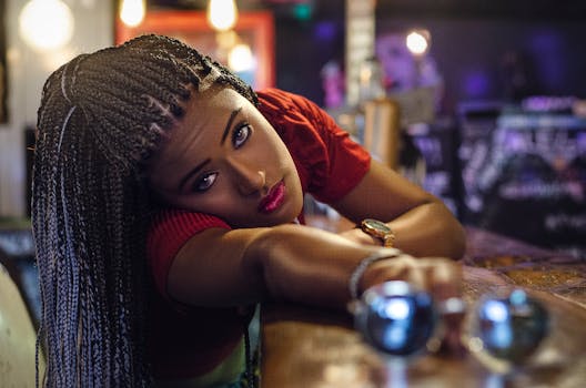 一位梳着辫子的时尚女性，在室内温暖的灯光下摆出姿势，尽显时尚与优雅