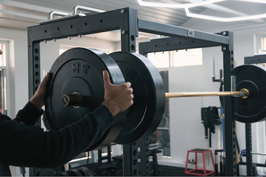 A person preparing a barbell for weightlifting in an indoor gym setting.