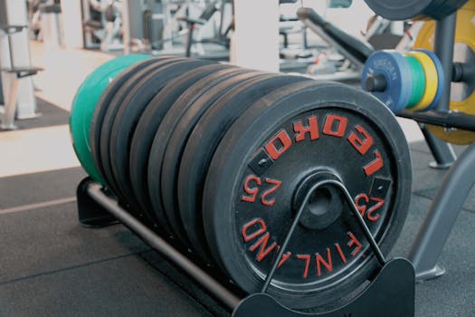 Close-up of stacked weight plates in a modern gym setting.