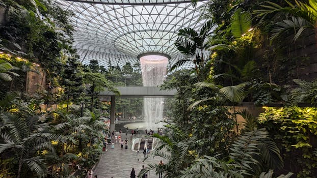 Explore the indoor waterfall and lush greenery of Jewel Changi Airport in Singapore.