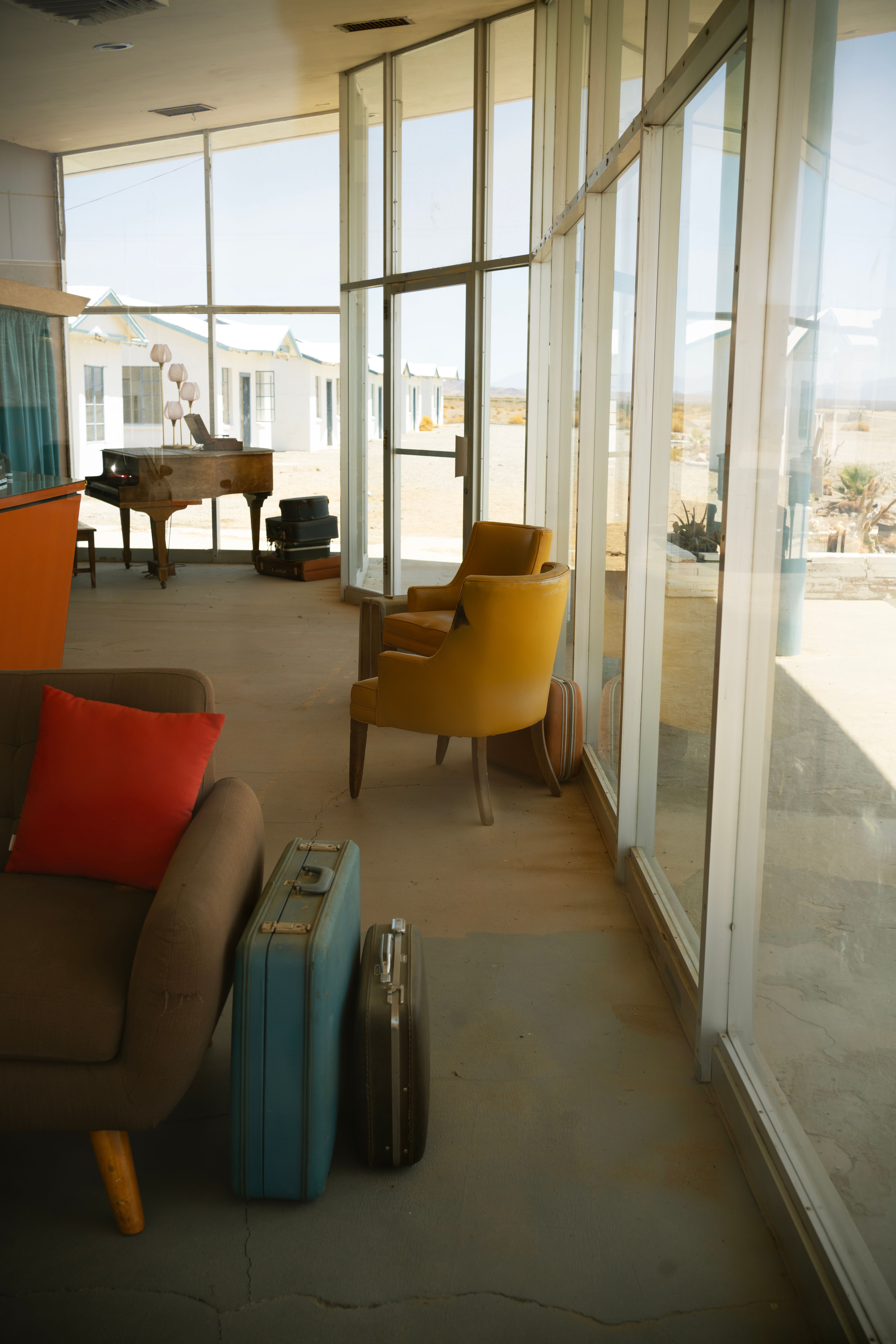 Stylish mid-century modern lounge with panoramic windows and vintage décor.. stylish, century, modern
