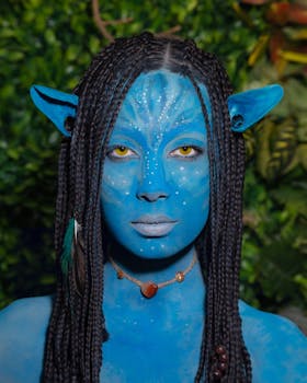 Vibrant portrait of a person in blue cosmic fantasy makeup with nature backdrop.