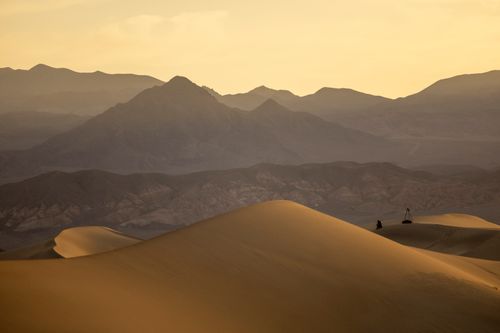 Free Golden sunset casts warm hues over vast desert dunes with mountains in the distance. Stock Photo