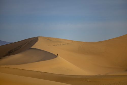 Free A lone figure traverses expansive desert sand dunes under a clear blue sky. Stock Photo