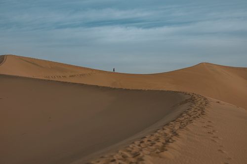 Free A lone figure walks along the expansive sand dunes under a blue sky, showcasing isolation and exploration. Stock Photo