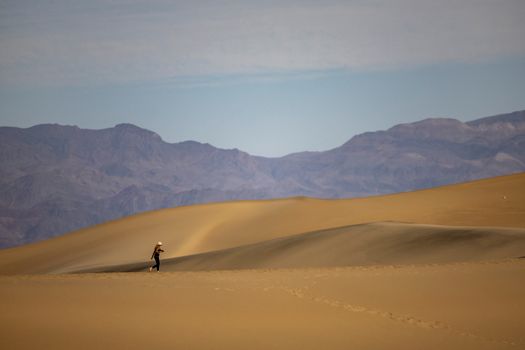 A solitary figure treks across the vast sandy desert with mountains in the background.