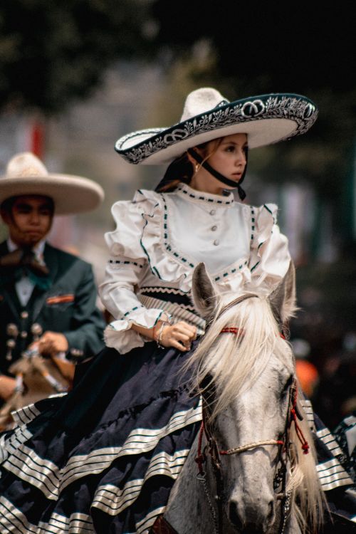 Free A woman in traditional Mexican attire riding a horse at a parade in Mexico City. Stock Photo