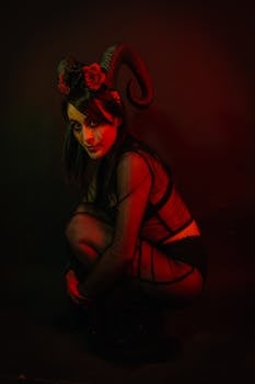 A woman in fantasy makeup and costume with horns in dark moody lighting.