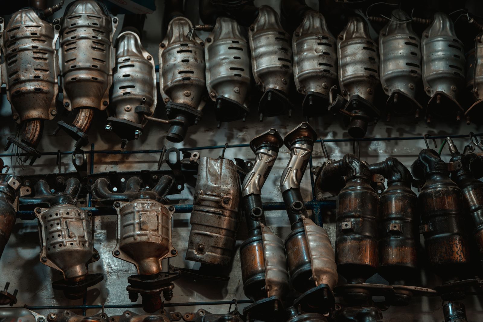 Real exhaust and emissions filter components in an automotive workshop