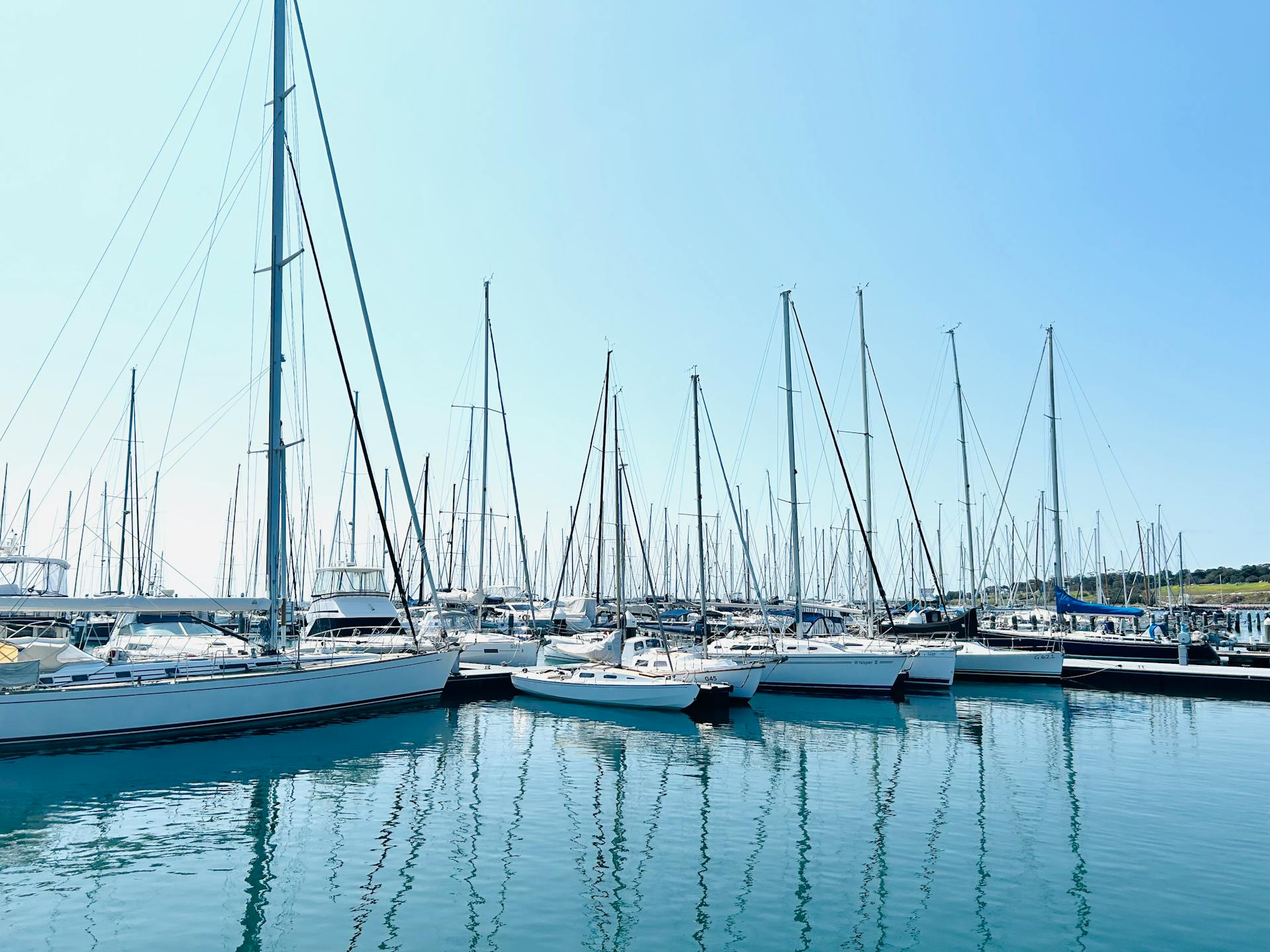 Bright harbor scene with yachts in Geelong, Australia under a clear blue sky.
