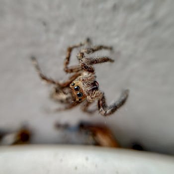 这张毛茸茸蜘蛛的宏观摄影特写，清晰地展现了它复杂的眼睛和身体特征