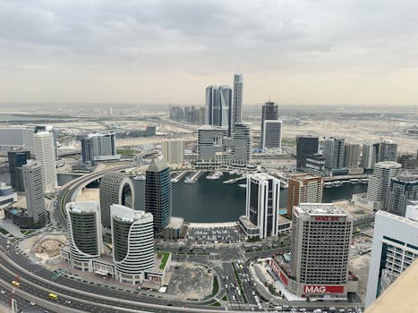 Aerial view of the iconic Dubai Marina skyline with modern skyscrapers and waterfront.