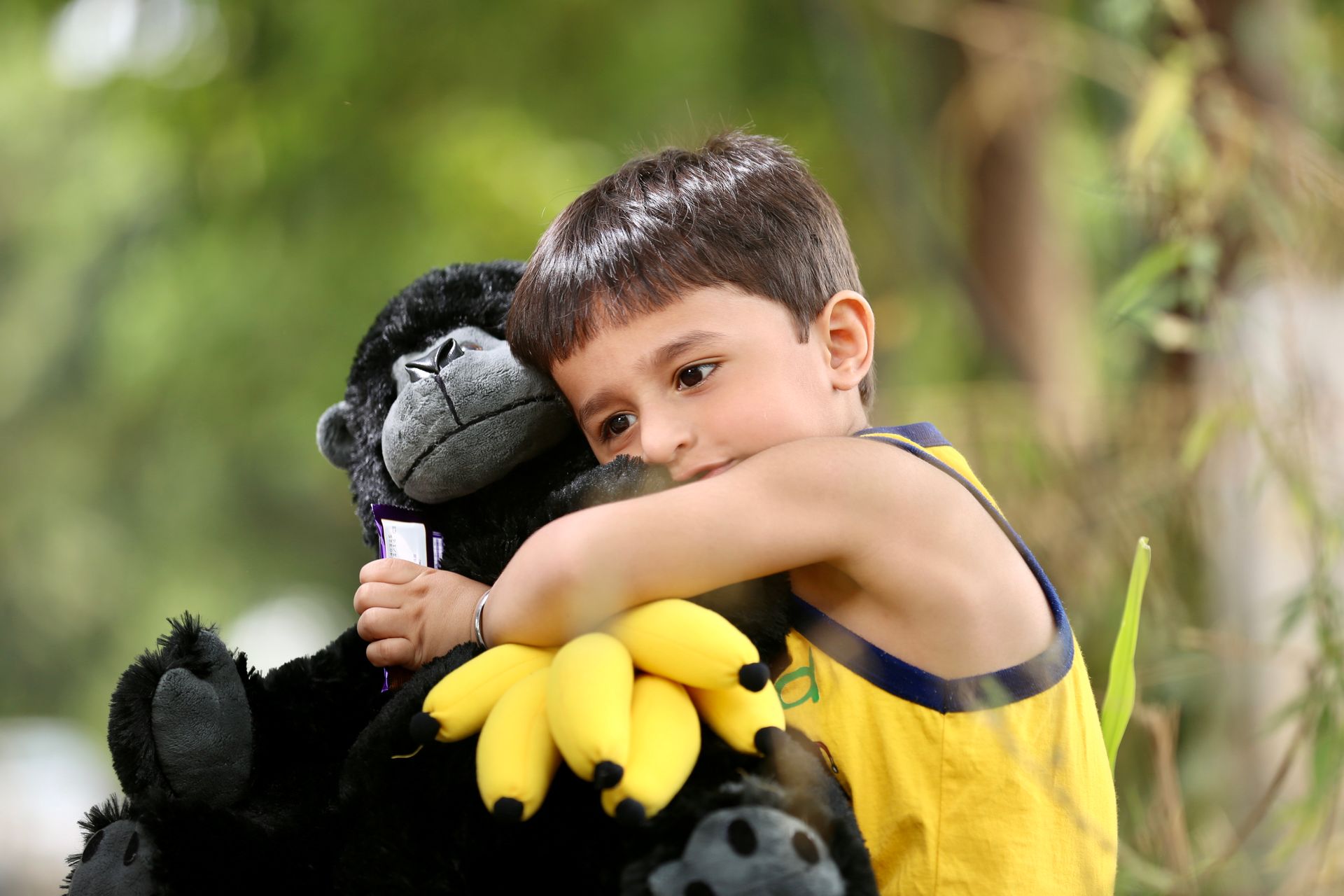 Young boy embraces stuffed gorilla holding bananas, outdoor setting.